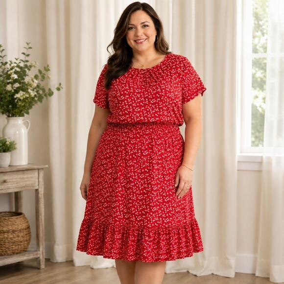 Banana Republic Dresses & Skirts - Banana Republic XL Red Ditsy Floral Midi Dress Stretch Knit Ruffle Elastic Waist